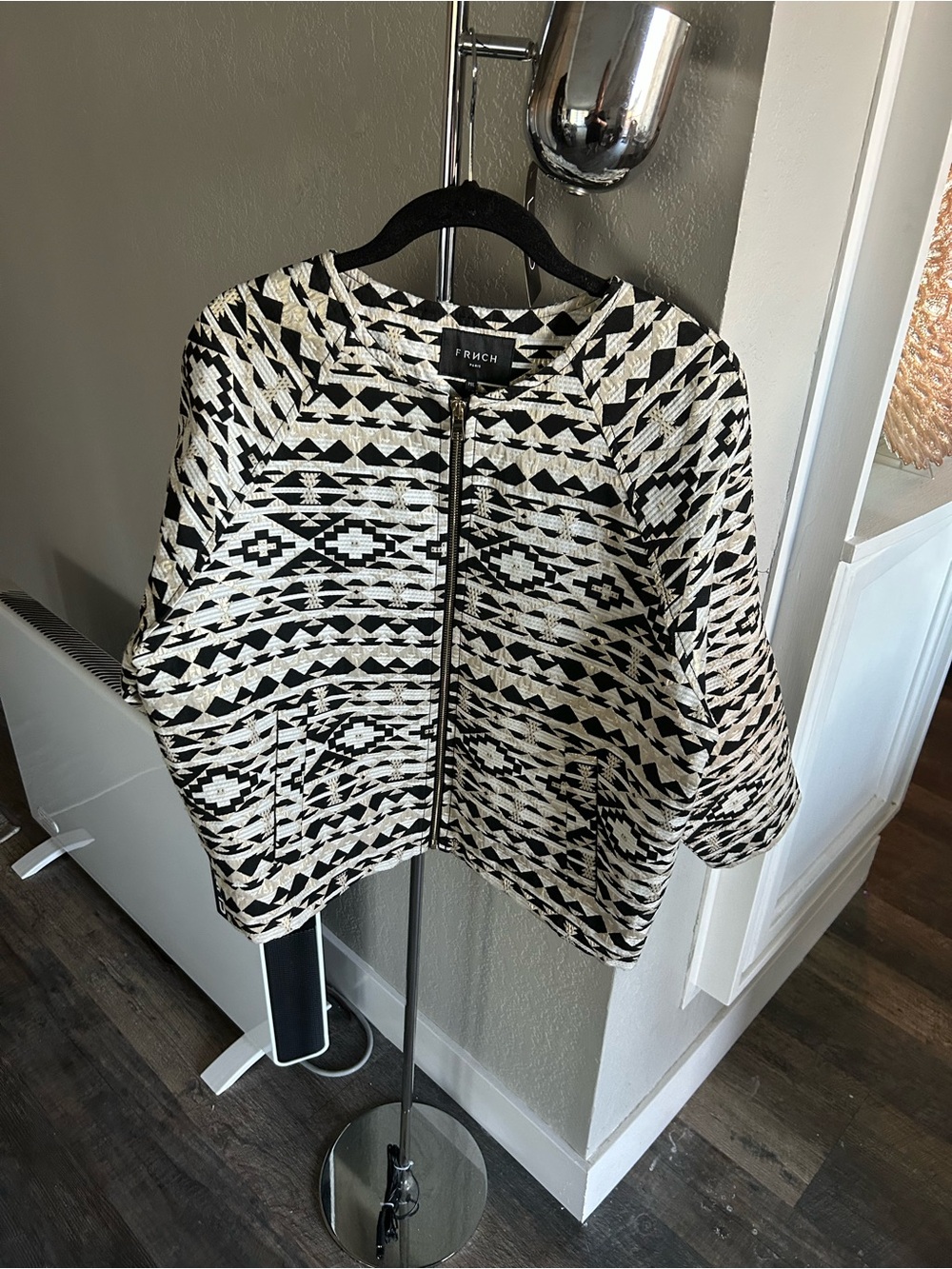FRNCH Black & White with Gold Geometric Pattern Zip Blazer